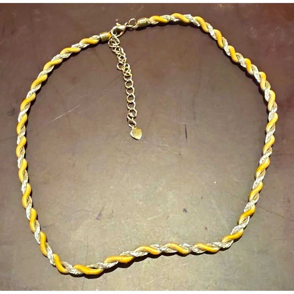 Vintage 16" Two Tone Twisted Necklace Gold Wrapped Cord Silver Mesh + Extender